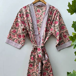 Indian Block Print Floral Cotton Kimono Robe Lightweight Bath Robe - Product Image 1