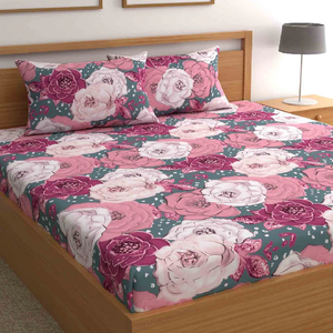 Grey and Green Floral 210TC Pure Cotton <b>Queen</b> Sized <b>Bed</b> <b>Sheets</b> with Pillow Covers Checked Easy Wash bedspreads for Light Winters - Product Image 2
