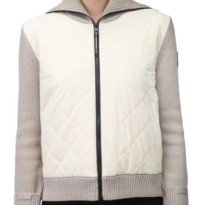 Veste en tricot hybride ivoire pour femmes, devant matelassé, fermeture éclair intégrale, col montant, manches extensibles, style élégant et confortable pour l'hiver - Product Image 6