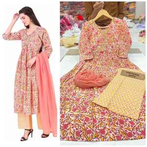 ชุดผ้าคอตตอนแท้พิมพ์ลายสวยงาม,ทำด้วยมือและตัดด้วยชุด Dupatta - Product Image 3