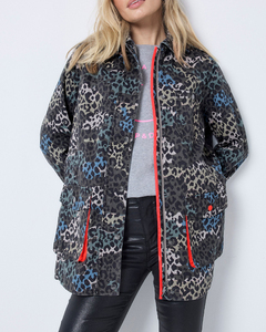 Chaqueta de Campo Utilitaria de Longitud Media para Mujer, Parka con Estampado de Leopardo Abstracto, Gris Azul, Estampado Animal, Prenda Exterior con Ribete Naranja Neón - Product Image 3