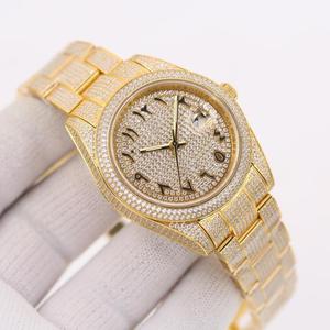นาฬิกาหรูสีเหลืองเต็มรูปแบบเพชรแก้วสเตอร์ลิงธุรกิจโบราณ-ฮิปฮอปสแตนเลสนาฬิกาสำหรับผู้หญิง - Product Image 4