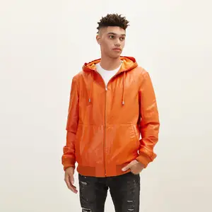 Luxe Oranje Echt Lederen Sweatshirt Met Capuchon-Eersteklas Modieuze Bovenkleding Van Echt Lederen Hoodie