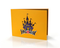 Carte de vœux 3D pop-up d'Halloween avec château hanté et citrouilles, design en papier de forme irrégulière