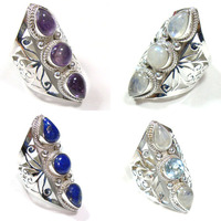 Bague Éternité Classique en Argent Sterling Pur 925, Véritable Labradorite Bleue Feu, Trois Pierres, Haute Joaillerie Faite Main, Plaqué Or Vermeil