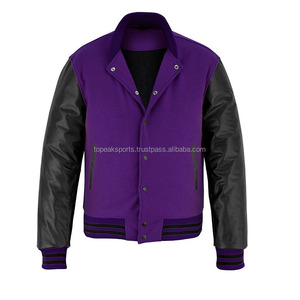 2026 OEM Hot Selling <b>Purple</b> Wool Black Leather Sleeves <b>Varsity</b> <b>Jacket</b> For Men's 100% High Quality Low MOQ Heated Fashion <b>Jackets</b> - Product Image 3
