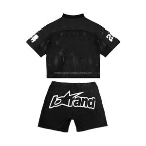 Ensemble deux pièces d'été surdimensionné et ample pour hommes, en coton épais 100%, comprenant un T-shirt à col zippé et un short, fabrication OEM/ODM sur mesure - Product Image 3