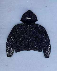 Sweat à capuche en molleton français avec fermeture éclair et strass en cristal, de qualité supérieure, en coton biologique lourd, pour hommes, style hip-hop, vente en gros - Product Image 1