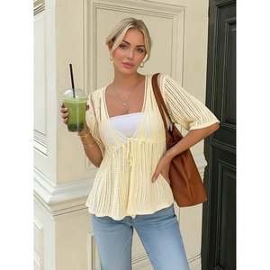 Women's Casual Open-Knit <b>Short</b> <b>Sleeve</b> <b>Cardigan</b> with Embroidered Print - Product Image 2