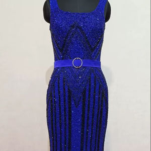 Vestido Elegante de Mujer, Estilo Occidental Azul, con Cintura Imperio Adornada con Cuentas Hechas a Mano y Apliques Decorativos para Fiestas y Compromisos - Product Image 1