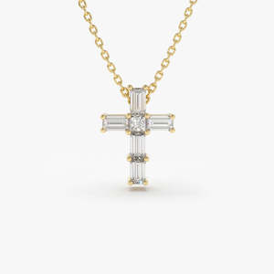 Baguette Diamond Tiny Cross Necklace Dainty 18K <b>Gold</b> IGI Certified 0.38CTW Elegant Classic High Quality Customizable Women's - Product Image 1