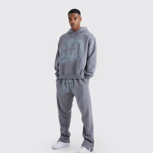 Ensemble survêtement homme en coton épais imprimé avec logo personnalisé brodé, pantalon de survêtement évasé et empilé, sweat-shirt à capuche, automne, uni - Product Image 1