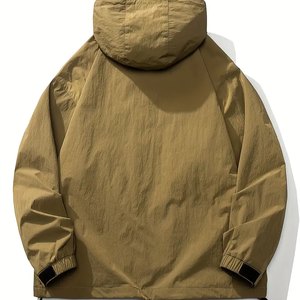 Chaqueta cortavientos con cuello Henley y cremallera de manga larga con capucha sólida para hombre con bolsillo canguro - Product Image 2