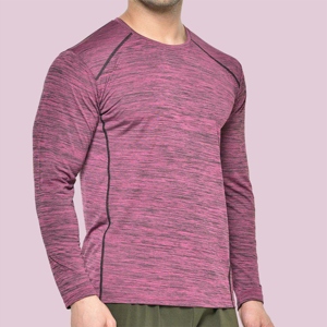 T-shirt de sport pour homme à manches longues, col rond, séchage rapide, tricoté, couleur unie violet, coupe ajustée, style sportif, 100% polyester - Product Image 2