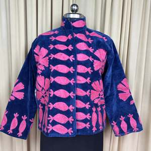 Boho Chic Retro Chic Free Size Robe Hand Embroidered Blue Floral Velvet Suzani <b>Jacket</b> Open Front Winter Coat with Long Length - Product Image 1