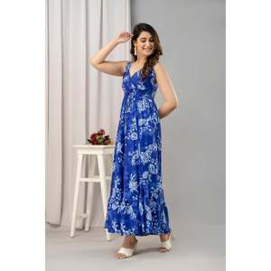 Dress-SHKUP1450 maxi évasée et sans manches à imprimé floral bleu en rayonne - Product Image 3