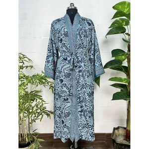 Bohemian Blue Black Floral New Silk Sari Kimono Luxury Anniversary Birthday Gift for Her Women's Regal House <b>Beach</b> <b>Robe</b> Single - Product Image 1