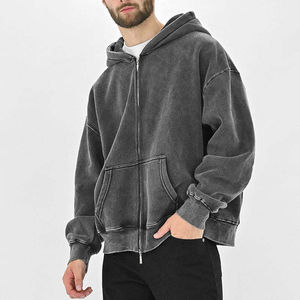 Custom Men's Oversized <b>Acid</b> Wash Hoodie 100% Cotton Gray Zip-up Embossed Stringless Design with <b>Drop</b> Shoulder Winter Clothing - Product Image 3