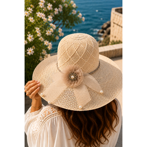 Sombrero de Paja Flexible Beige para Niños con Detalles de Tul y Flores, Estilo Vaquero, para Fiesta o Playa, Material de Papel - Product Image 1