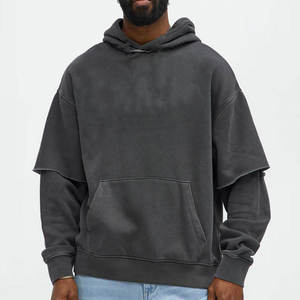 เสื้อฮู้ดดี้ผู้ชายทรงโอเวอร์ไซส์ แขนสองชั้น ล้างสีแบบสโตนวอช ไหล่ตก สไตล์วินเทจ แฟชั่นใหม่ - Product Image 1