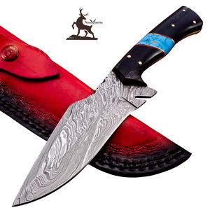 Couteau de chasse en acier Damas personnalisable OEM, manche en cuir noir fait à la main, gaine torsadée, disponible pour - Product Image 1