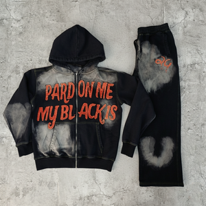 Custom Streetwear Heavyweight Sun Faded Two Piece Sweatsuit Acid Wash Distressed Applique Patch Work Tracksuit For Unisex - Product Image 1