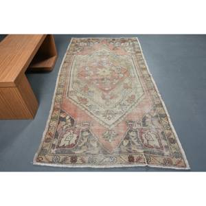 Alfombra de lana Vintage naranja y Beige de 4,2x7,9 pies, patrón de retazos de tejido plano turco, alfombra para sala de estar con respaldo de látex - Product Image 1