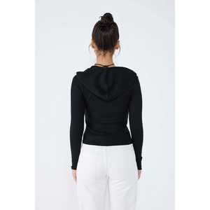 <b>Black</b> Hooded Zip-Up Knit <b>Cardigan</b> - Product Image 4