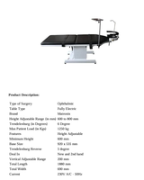 Équipement médical Inde Table d'opération oculaire électrique pliable portable pour usage hospitalier Équipement médical de classe I Garantie 1 an