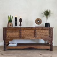 Mesa Consola de Madera de Teca Tallada a Mano Estilo Vintage, Mesa de Pasillo Rústica de Madera Maciza Oscura, Aparador de Almacenamiento Ornamentado Hecho a Mano Antiguo