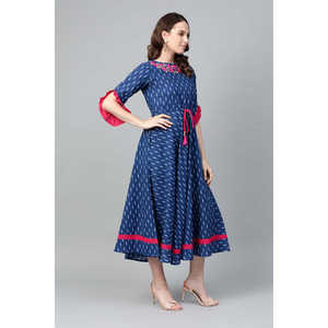 Cambric algodón Anarkali Kurta vestido bordado Ikat estampado Casual vestidos azules - Product Image 6