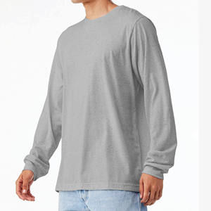 mens heather grey <b>plain</b> solid blank casual <b>long</b> <b>sleeve</b> tshirt crewneck basic tee <b>top</b> - Product Image 2
