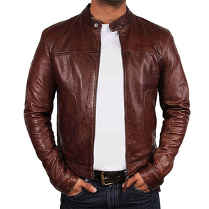 Veste en cuir véritable de qualité supérieure pour homme avec col montant en toile de couleur marron Prix de gros Design tendance - Product Image 1