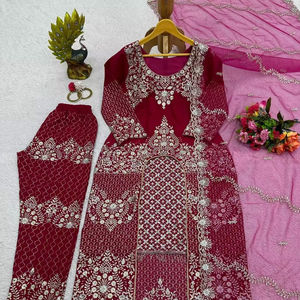 Top bordado de secuencia de tela de Georgette de imitación pesada de nuevo diseñador y emparejado con pantalón con Dupatta bordado a precio de fábrica - Product Image 1