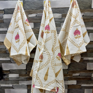 High Quality Quick-Dry Floral Hand Block Printed <b>White</b> Cotton Waffle <b>Towel</b> for Home Use Solid Color Pattern <b>Bath</b> <b>Towel</b> Sets - Product Image 1