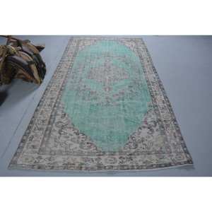 Tapis turc vintage 5.1x9,4 pieds vert beige en laine tissée plate avec motif patchwork pour les décorations de salon ou le couloir - Product Image 1