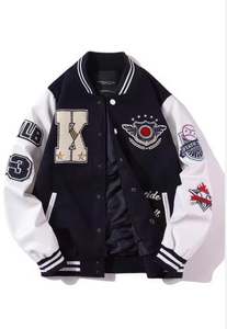 Chaqueta universitaria de manga de cuero PU de algodón 100% personalizada para hombre, logotipo frontal con cuello levantado bordado de chenilla con letras Vintage de gran tamaño - Product Image 6