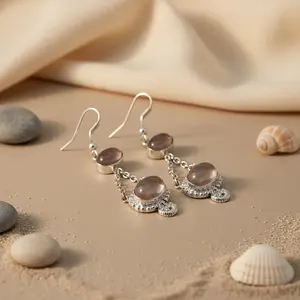 Boucles d'oreilles pendantes en quartz rose plaqué or 18 carats pour femmes, cadeaux de mariage et de fête - Product Image 1