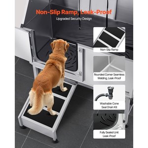 Baignoire de toilettage pour animaux de compagnie VEVOR de 62 pouces en acier inoxydable argenté, capacité de 440 lb, avec rampe, filtre à eau en PE, robinet, pomme de douche et distributeur de savon - Product Image 3