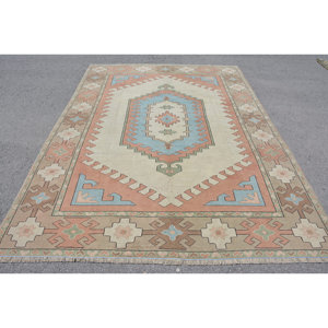 Tapis Kilim Turc Vintage 6.9X9.6 pieds Orange Bleu Patchwork Design Laine Matériel Latex Classique pour Décorations de Salon - Product Image 1