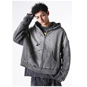 OEM Sweats à capuche zippés courts et déchirés de haute qualité pour hommes Streetwear Sun Faded Acid Wash Zipper Hoodies - Product Image 3
