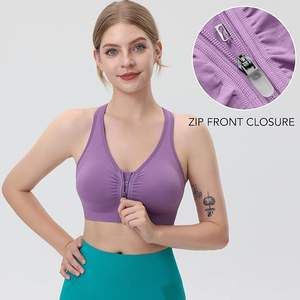 Sujetadores deportivos con cremallera frontal para mujer, sujetadores atléticos de soporte medio con espalda cruzada acolchada inalámbrica para ejercicio de Yoga, transpirables sólidos - Product Image 2