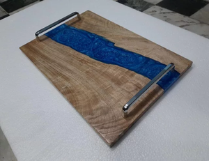 Elegante bandeja de servicio de madera de acacia hecha a mano mango de Metal de resina transparente regalo de cocina decorativo único para té comida rápida boda - Product Image 4