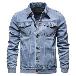Customize Light Blue Color Denim Men's Jackets 100% Cotton Fabric <b>Turn</b> Down Neck Loose Fit <b>Button</b> Up Jeans Jacket For Casual Use - Product Image 1