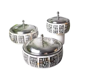 Juego de ollas de metal hechas a mano de tres con detalles de nácar Acabado personalizado Perfecto para servir comida de lujo y catering - Product Image 1