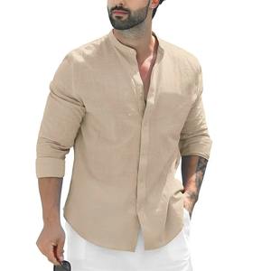 Hauts à manches longues en lin et satin pour hommes, chemises à revers confortables et décontractées pour la plage, couleur unie, mode estivale - Product Image 1