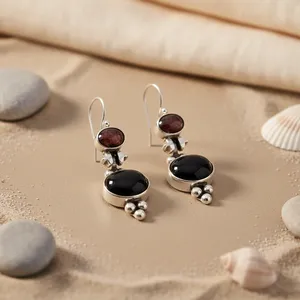 Vintage Silver Plated Drop <b>Earrings</b> with Garnet and <b>Black</b> Stone Bezel Setting Women's Fashion Jewelry - Product Image 2