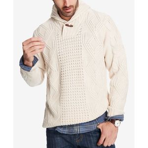 Small Size <b>Men's</b> White Fisherman Toggle <b>Shawl</b> Neck Sweater Weatherproof with Button Decoration - Product Image 4