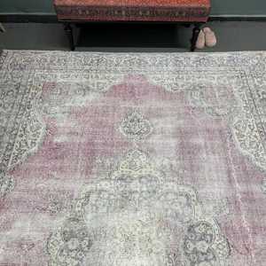 พรมวินเทจตุรกีขนาด 7.9x11 ฟุต พรมขนาดใหญ่ พรมขนสัตว์สีชมพู - Product Image 3