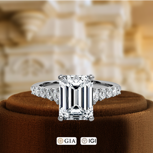 Anillo de compromiso con diamante esmeralda cultivado en laboratorio de 1 quilate, anillo solitario con pavé de diamantes en medio de la banda, halo oculto de diamantes, pavé de diamantes en el tallo, oro de 14 quilates - Product Image 2